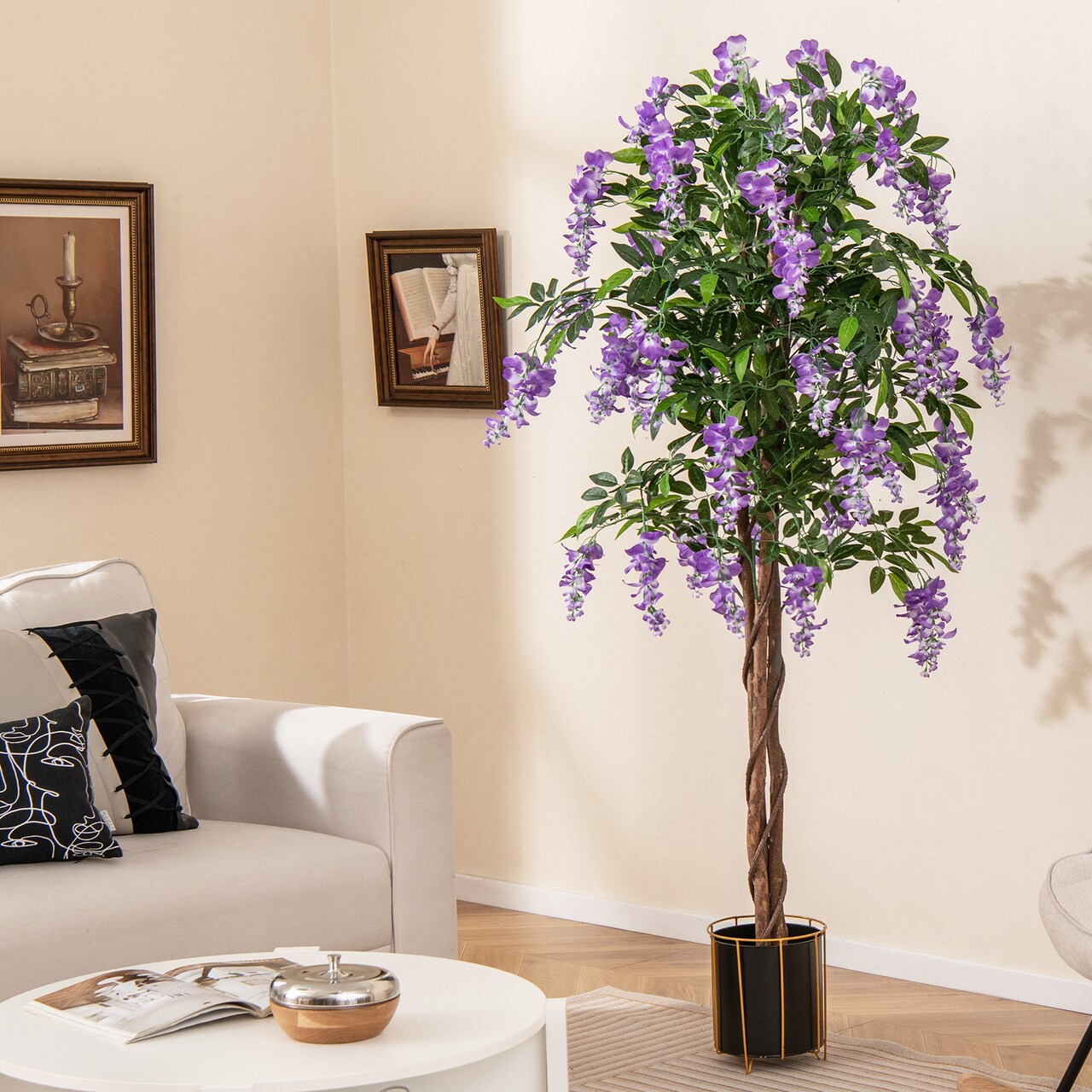 5.5 ft Artificial Wisteria Tree with Purple Flowers and Realistic Leaves Moss and Solid Wood Pot